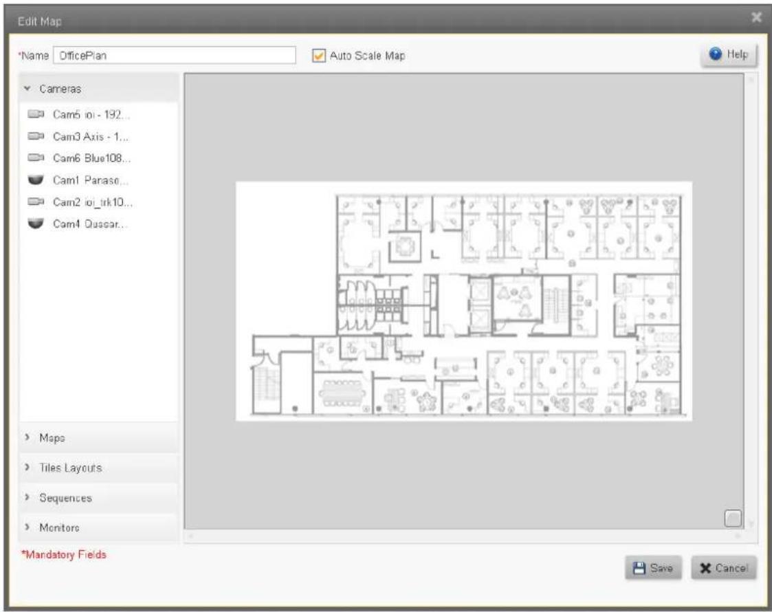Edit Map Name OfficePlan Auto Scale Map Help Cameras Cam5 ioi - 192... Cam3 Axis - 1... Cam6 Blue108... Cam1 Paraso... Cam2 ioi_trk10... Cam4 Duasar... Maps Tiles Layouts Sequences Monitors *Mandatory Fields Save Cancel