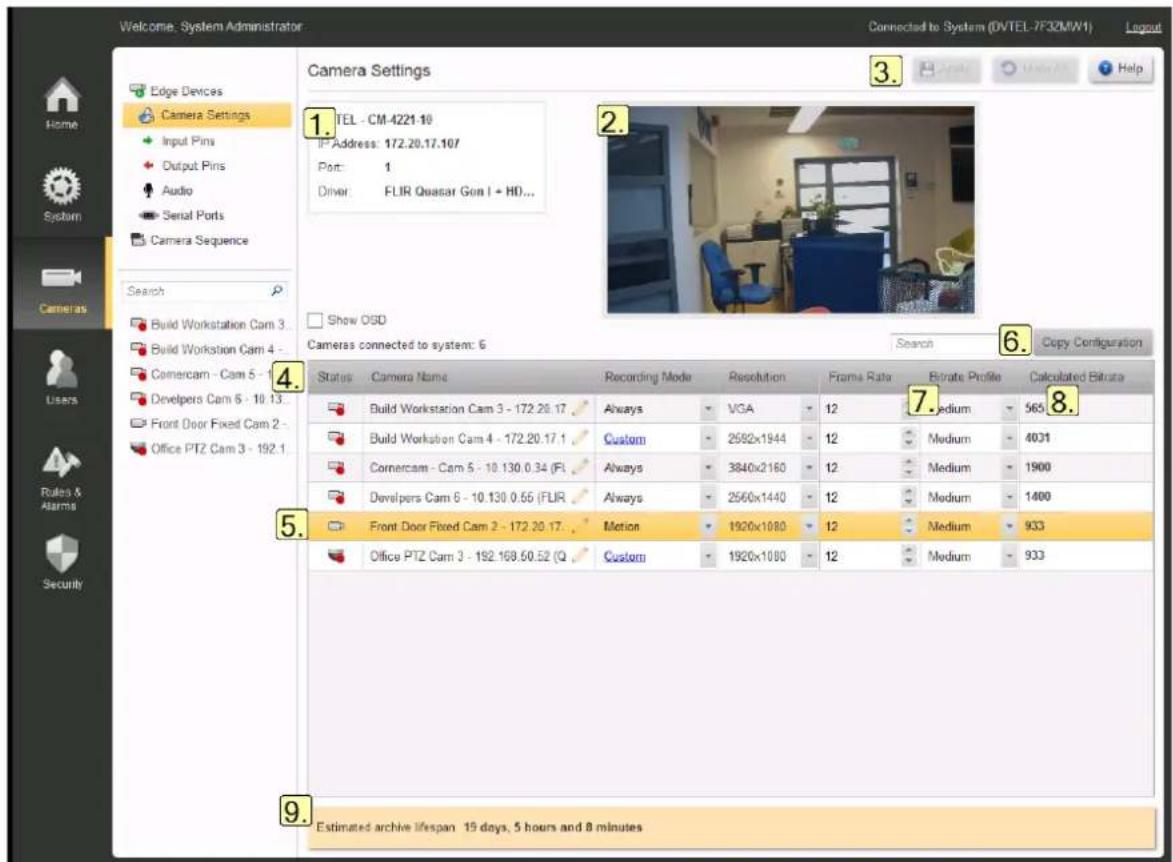 Welcome: System Administrator Connected to System (DVTEL-7F32MW1) Login Edge Devices Camera Settings Input Pins Output Pins Audio Serial Ports Camera Sequence Camera Settings 1. TEL - CM-4221-10 IP Address: 172.20.17.107 Port: 1 Driver: FLIR Quasar Gun I + HI... 2. Show OSG Cameras connected to system: 6 Search Search Copy Configuration Status: Camera Name Recording Mode Resolution Frame Rate Bitrrate Profile Calculated Bitrate Build Workstation Cam 3 - 172.20.17 Always VCA 12 Medium 565 Build Workstation Cam 4 - 172.20.17.1 Custom 2582x1944 12 Medium 4031 Comercam - Cam 5 - 10.130.0.34 (FL) Always 3840x2160 12 Medium 1900 Developers Cam 6 - 10.130.0.55 (FLIR Always 2560x1440 12 Medium 1400 Front Door Fixed Cam 2 - 172.20.17.Motion 1920x1080 12 Medium 933 Office PTZ Cam 3 - 192.168.50.52 (Q Custom 1920x1080 12 Medium 933 9.Estimated archive lifespan 15 days, 5 hours and 8 minutes