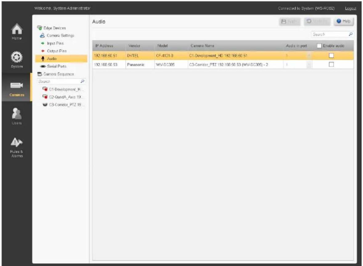 Welcome, System Administrator Connected to System (MS-PC02) Audio Home Camera Settings Input Pins Output Pins Audio Serial Ports Camera Sequence Search C1-Development_H C2-OandA_Aux 19 C3-Corridor_PTZ 19 DVTEL CF-4121-0 C1-Development_HD 192.168.60.51 132.168.60.51 Panasonic WV-SC365 C3-Corridor_PTZ 192.168.50.53 (WV-SC365) - 2 1 Search IP Address Vendor Model Camera Name Audio in port Enable audio