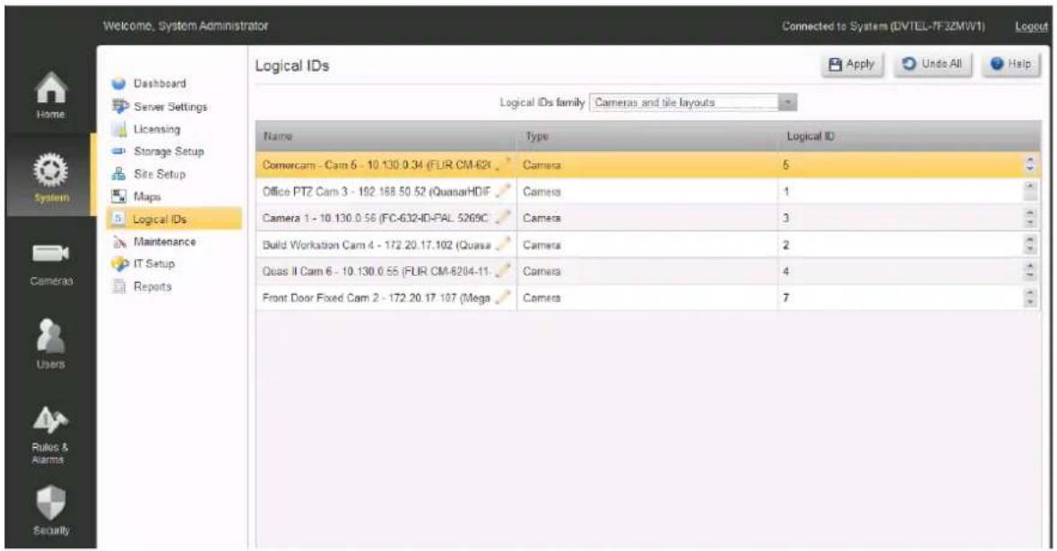 Welcome, System Administrator Connected to System (DVTEL-7F32M1V1) Logout Home Dashboard Server Settings Licensing Storage Setup Site Setup Maps Logical IDs Logical IDs family Cameras and tile layouts Name Type Logical ID Comercam - Cam 5 - 10.130.0.34 (FLR CM-624) Camera 5 Office PTZ Cam 3 - 192.188.50.52 (QuasarHDF) Camera 1 Camera 1 - 10.130.0.56 (FC-632-ID-PAL 5269C) Camera 3 Build Workstation Cam 4 - 172.20.17.102 (Quasa) Camera 2 Quas II Cam 6 - 10.130.0.55 (FLR CM-8204-11) Camera 4 Front Door Fixed Cam 2 - 172.20.17.107 (Mega) Camera 7 Users Rulus & Alarms Security
