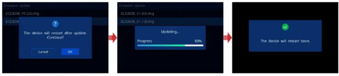 Firmware Update ECS3000_V1.0.0.img ECS3000_V1.0.0.img The device will restart after update. Continue? Cancel OK Firmware Update ECS3000_V1.0.0.img ECS3000_V1.1.0.img Updating... Progress 80% The device will restart soon.