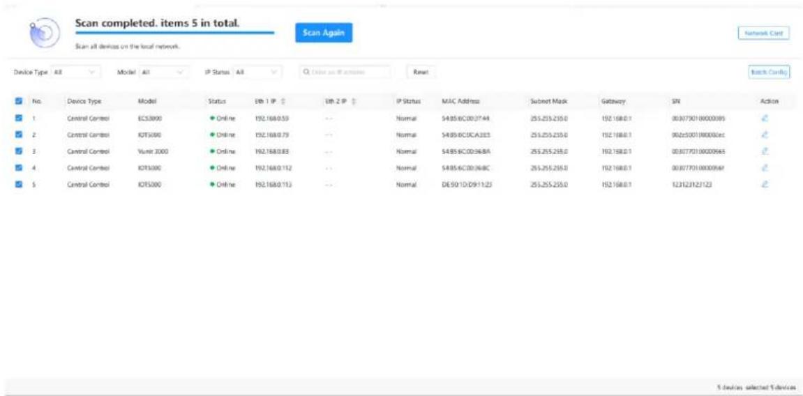 Scan completed. items 5 in total. Scan All devices on the local network. Device Type: All Model: All IP Status: All Q Order as if active Reset Batch Control No. Device Type Model Status Eth 1 IP Eth 2 IP IP Status MAC Address Subnet Mask Gateway SN Action 1 Central Control ECS3000 Online 192.168.0.59 Normal $4.85-6C:00:37:44 255.255.255.0 192.168.0.1 0030770100000389 2 Control Control IOTS000 Online 192.168.0.79 Normal $4.85-6C:UC:A3:35 255.255.255.0 192.168.0.1 002e5001900000ec 3 Control Control Vunit 2000 Online 192.168.0.83 Normal $4.85-6C:00:36:8A 255.255.255.0 192.168.0.1 0030770100000663 4 Control Control IOTS000 Online 192.168.0.112 Normal $4.85-6C:00:36:8C 255.255.255.0 192.168.0.1 0030770100009647 5 Control Control IOTS000 Online 192.168.0.113 Normal DE:50:1D:D9:11:23 255.255.255.0 192.168.0.1 523123123123