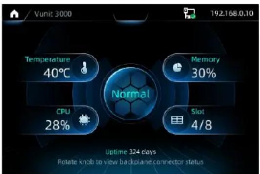 Vunit 3000 192.168.0.10 Temperature 40°C Memory 30% Normal CPU 28% Slot 4/8 Uptime 324 days Rotate knob to view backplane connector status