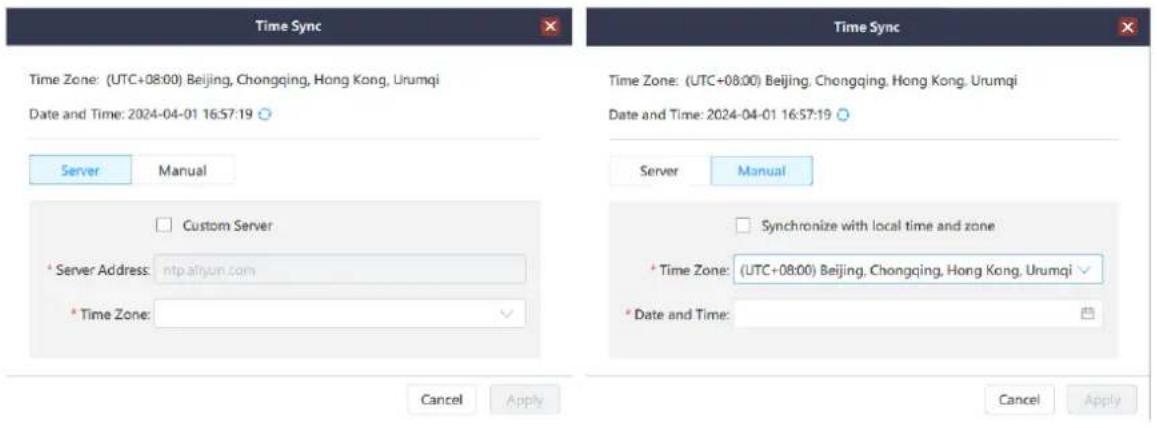 Time Sync Time Zone: (UTC+08:00) Beijing, Chongqing, Hong Kong, Urumqi Date and Time: 2024-04-01 16:57:19 Server Manual Custom Server *Server Address: ntp.alyun.com *Time Zone: Cancel Apply Time Sync Time Zone: (UTC+08:00) Beijing, Chongqing, Hong Kong, Urumqi Date and Time: 2024-04-01 16:57:19 Server Manual Synchronize with local time and zone *Time Zone: (UTC+08:00) Beijing, Chongqing, Hong Kong, Urumqi *Date and Time: