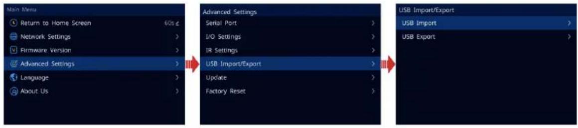 Main Menu Return to Home Screen 60s Network Settings > Firmware Version > Advanced Settings > Language > About Us > Advanced Settings Serial Port > L/O Settings > IR Settings > USB Import/Export > Update > Factory Reset > USB Import/Export USB Export >