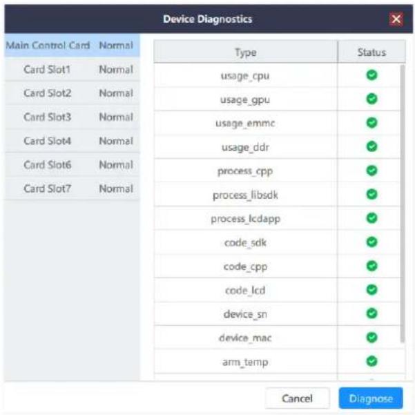Device Diagnostics Main Control Card Normal Card Slot1 Normal Card Slot2 Normal Card Slot3 Normal Card Slot4 Normal Card Slot6 Normal Card Slot7 Normal Type Status usage_cpu usage_gpu usage_emmc usage_ddr process_cpp process_libsdk process_lcdapp code_sdk code_cpp code_lcd device_sn device_mac arm_temp Cancel Diagnose