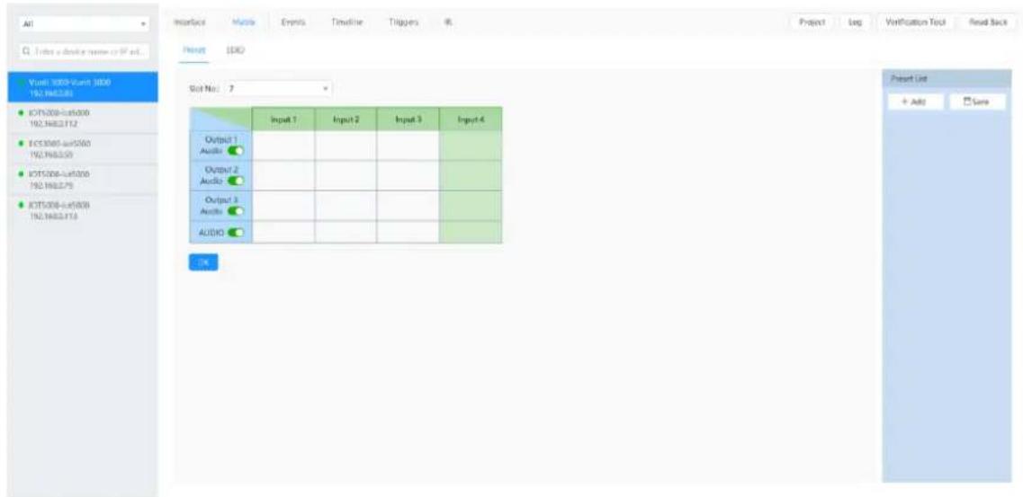 All Index a device name or IP add. Vout1 3000 Vout1 3000 192.1683.01 IOTS/300-LoF/300 192.1683.112 IOTS/300-LoF/300 192.1683.50 IOTS/300-LoF/300 192.1683.75 IOTS/300-LoF/300 192.1683.113 Project Leg Verification Tool Reset Back Input ISO Slot No: 7 Input 1 Input 2 Input 3 Input 4 Output 1 Audio: Output 2 Audio: Output 3 Audio: AUDIO: OK Present List + Add Save