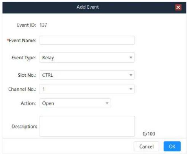 Add Event Event ID: 137 *Event Name: Event Type: Relay Slot No.: CTRL Channel No.: 1 Action: Open Description: 0/100 Cancel OK
