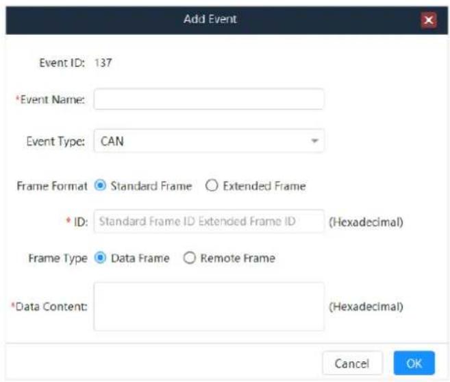 Add Event Event ID: 137 *Event Name: Event Type: CAN Frame Format Standard Frame Extended Frame * ID: Standard Frame ID Extended Frame ID (Hexadecimal) Frame Type Data Frame Remote Frame *Data Content: (Hexadecimal) Cancel OK