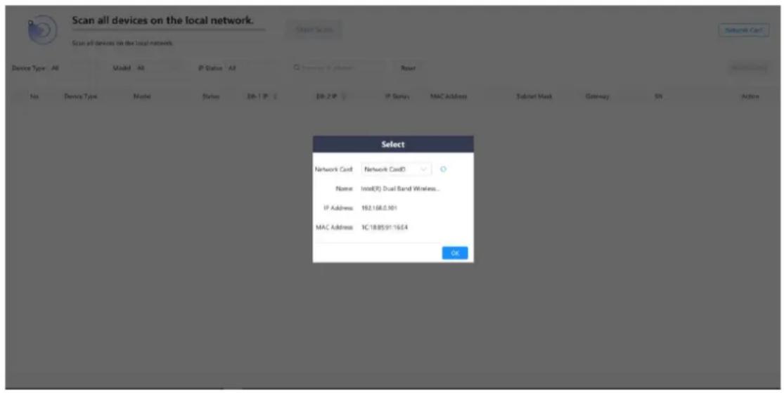 Scan all devices on the local network. Scan all devices on the local network. Device Type: All Model: Alt IP Status: Alt Browse IP status Reset No Device Type Model Status BN-1 IP 2 BN-2 IP IP Status MAC Address Subnet Mask Gateway SN Action Select Network Card Network Card(0) Name Ins(0) Dual Band Wireless... IP Address 192.168.0.901 MAC Address 1C:18.85.91.16.6.4 OK