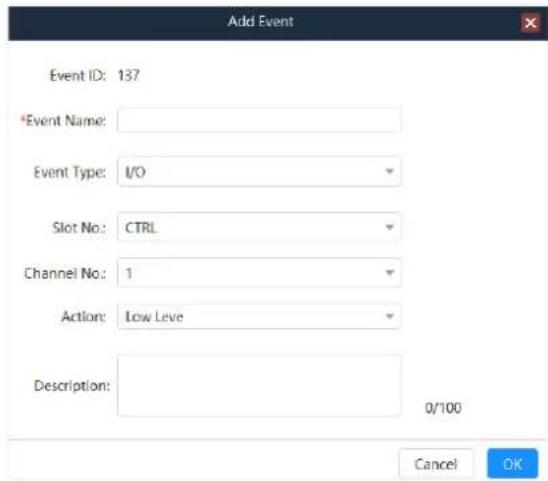 Add Event Event ID: 137 *Event Name: Event Type: I/O Slot No.: CTRL Channel No.: 1 Action: Low Leve Description: 0/100 Cancel OK