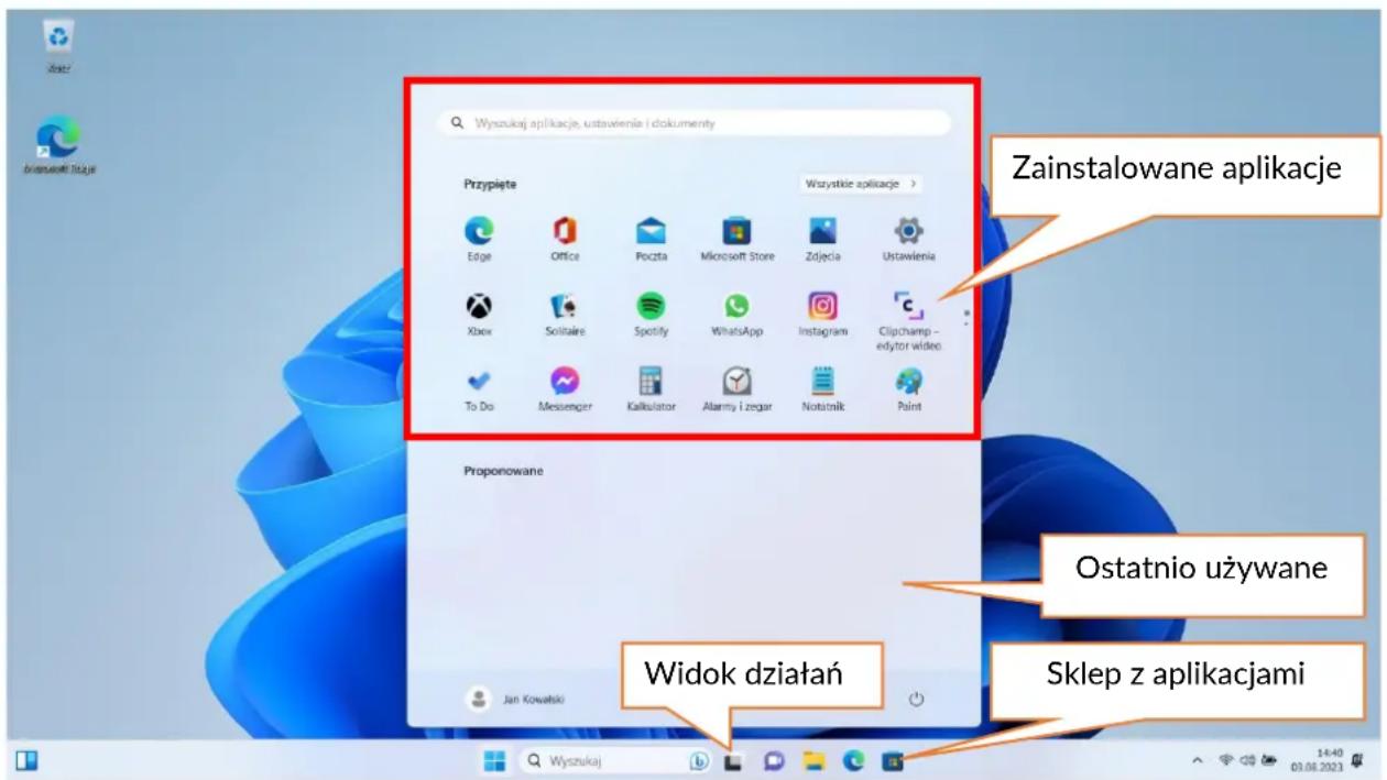 Wyszukaj aplikacje, ustawienia i dokumenty Przypięte Wizystkie aplikacje > Edge Office Poczta Microsoft Store Zdjęcia Ustawienia Xbox Soitaire Spotify WhatsApp Instagram Clipchamp - edytor wideo. To Do Messenger Kalkulator Alarmy i zegar Notatnik Paint Zainstalowane aplikacje Proponowane Ostatnio używane Sklep z aplikacjami Widok działań Jan Kowalski Wyszukaj