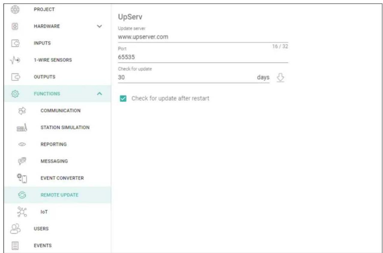 PROJECT HARDWARE INPUTS 1-WIRE SENSORS OUTPUTS FUNCTIONS COMMUNICATION STATION SIMULATION REPORTING MESSAGING EVENT CONVERTER REMOTE UPDATE IoT USERS EVENTS UpServ Update server www.upserver.com Port 16 / 32 65535 Check for update 30 days Check for update after restart