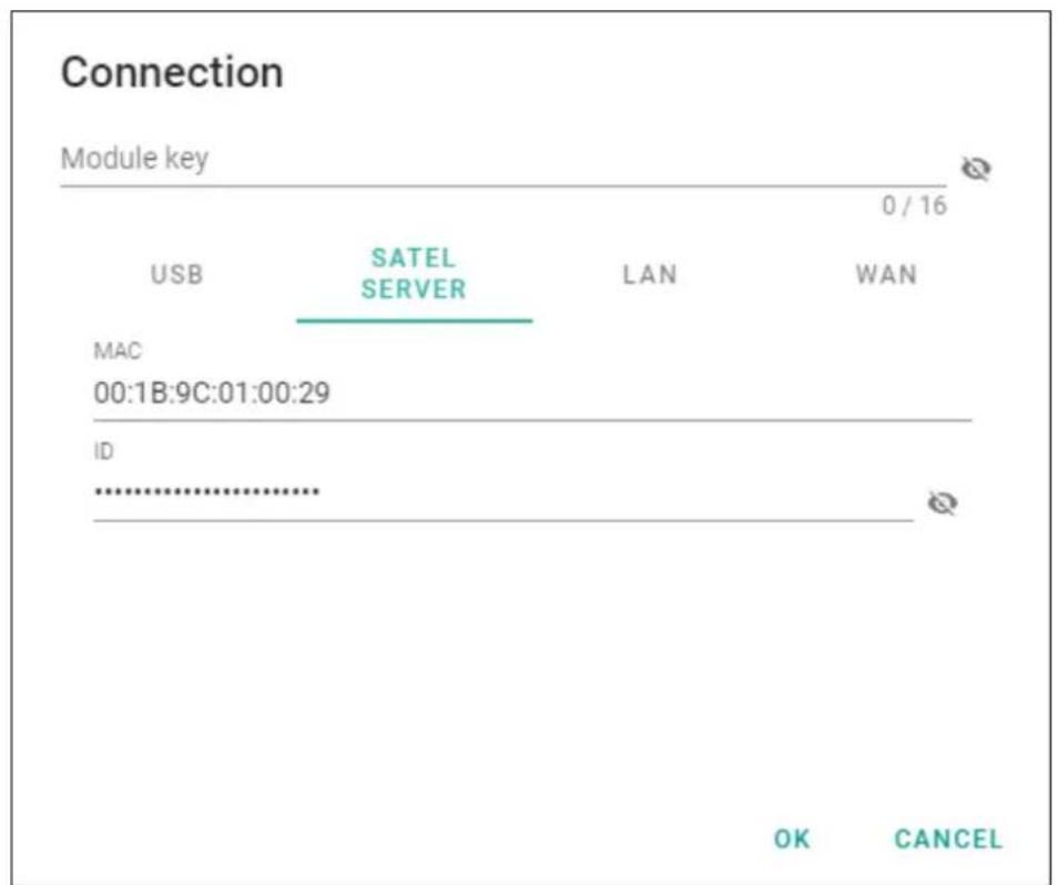 Connection Module key 0 / 16 USB SATEL SERVER LAN WAN MAC 00:1B:9C:01:00:29 ID .......... OK CANCEL
