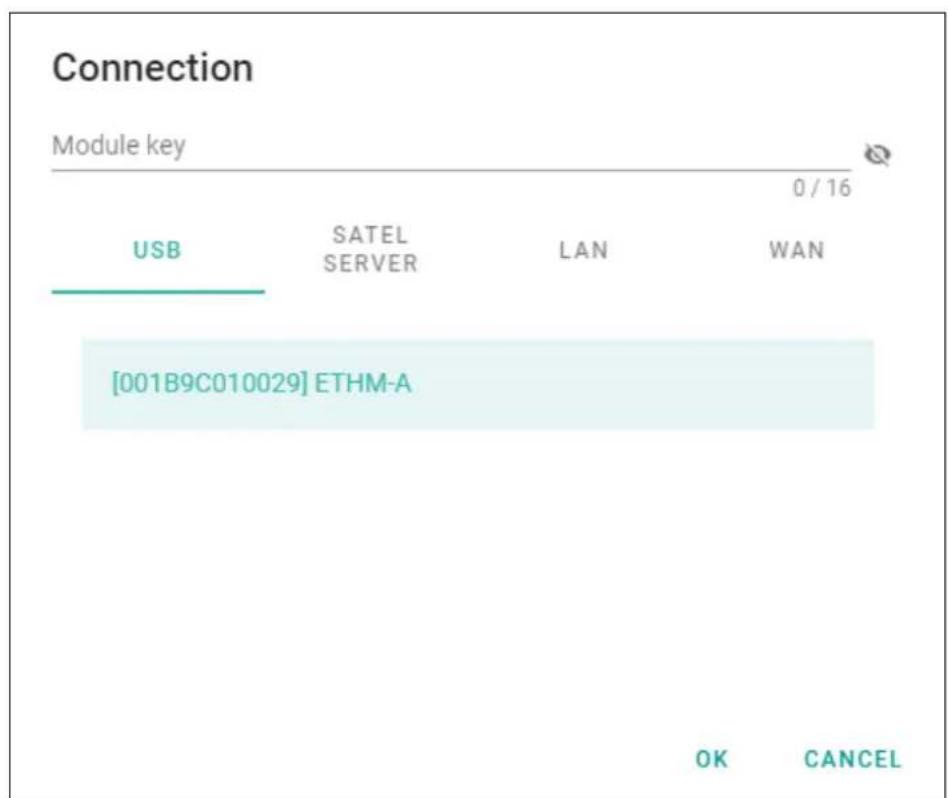Connection Module key 0 / 16 USB SATEL SERVER LAN WAN [001B9C010029] ETHM-A OK CANCEL