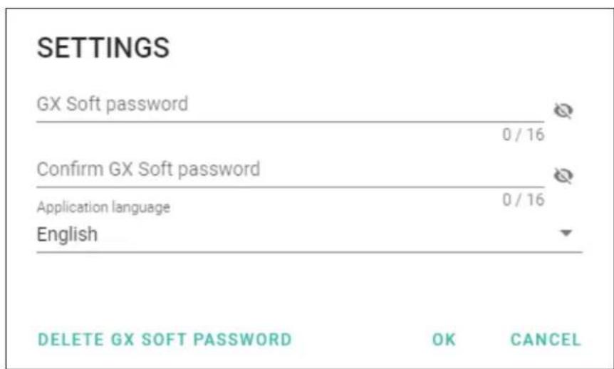 SETTINGS GX Soft password 0 / 16 Confirm GX Soft password 0 / 16 Application language English DELETE GX SOFT PASSWORD OK CANCEL