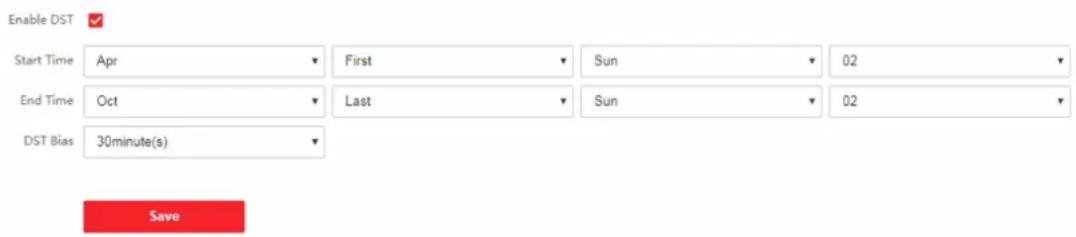 Enable DST ✓ Start Time Apr First Sun 02 End Time Oct Last Sun 02 DST Bias 30minute(s) Save