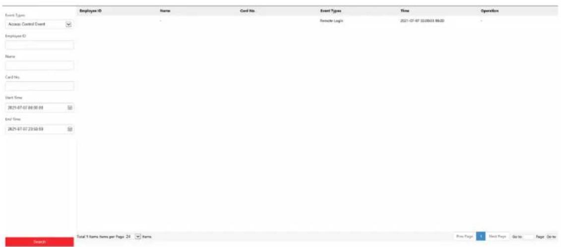 Event Type Access Control Event Employee ID Name Card No. Start Time 2021-07-07 00:00:03 End Time 2021-07-07 23:03:03 Search Total 1 Name Items per Page - 24 Items Event Types Remote Login 2021-07-07 00:00:03 00:00 Operation Print Page 1 Next Page Go to Page Do to