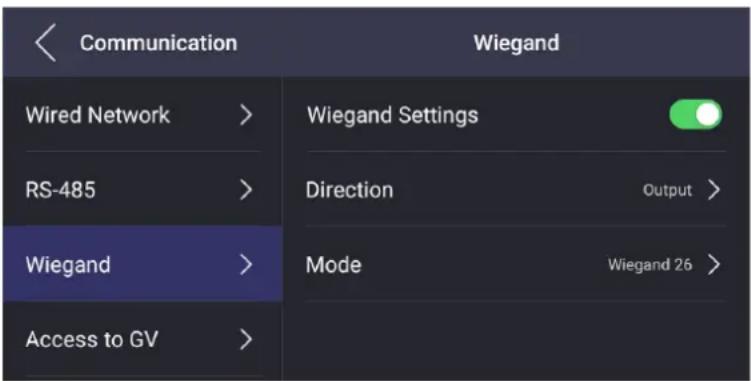 Communication Wiegand Wired Network > RS-485 > Wiegand > Access to GV >