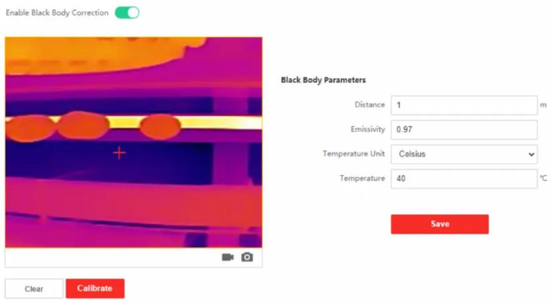 Enable Black Body Correction Black Body Parameters Distance 1 m Emissivity 0.97 Temperature Unit Celsius Temperature 40 °C Save Clear Calibrate