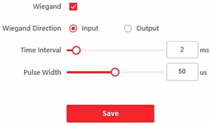 Wiegand Wiegand Direction Input Output Time Interval 2 ms Pulse Width 50 us Save