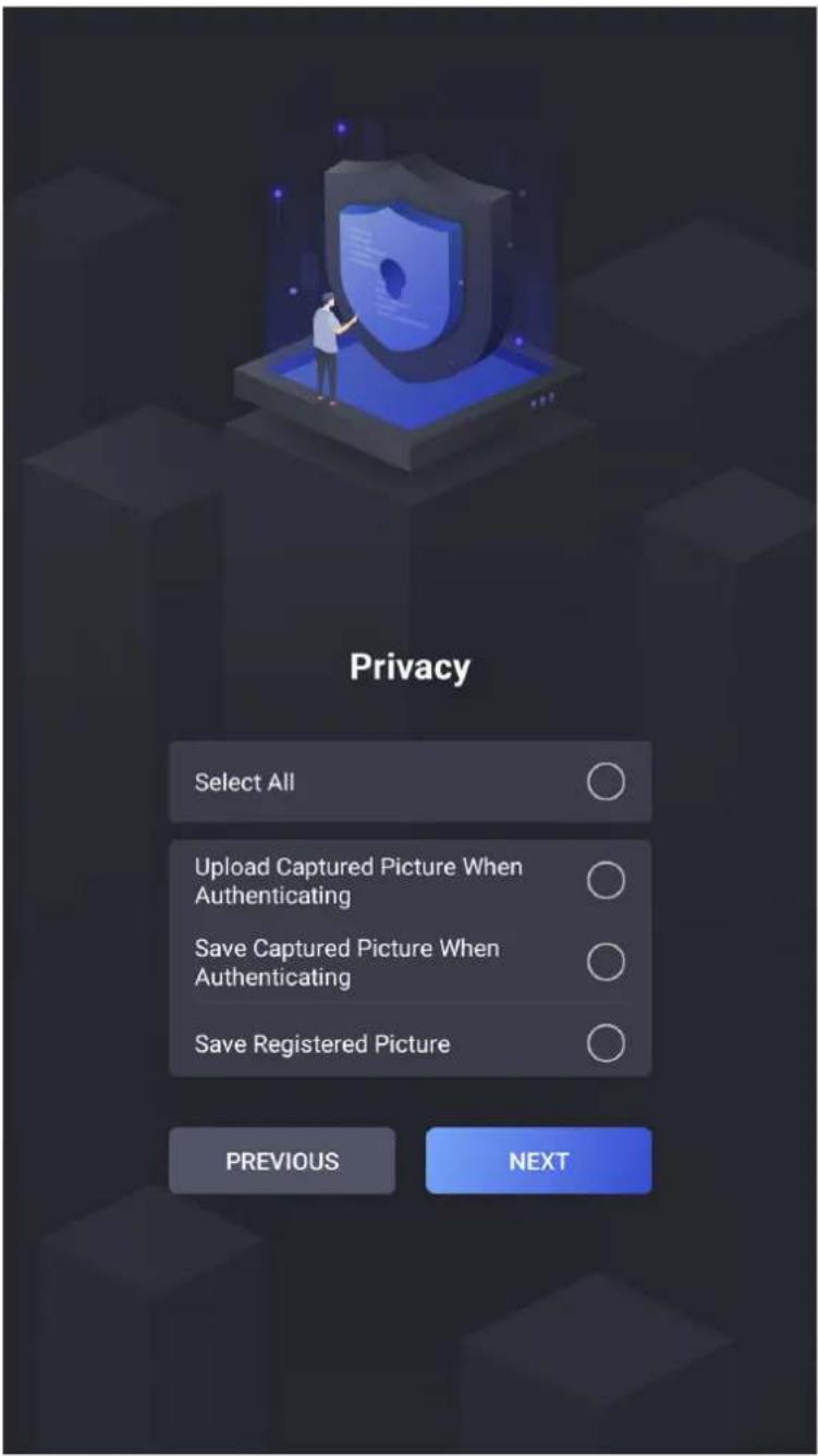 Privacy Select All Upload Captured Picture When Authenticating Save Captured Picture When Authenticating Save Registered Picture PREVIOUS NEXT
