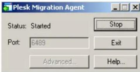 Plesk Migration Agent Status: Started Stop Port: 6489 Exit Advanced... Help...