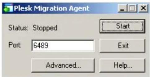 Plesk Migration Agent Status: Stopped Port: 6489 Start Exit Advanced... Help...