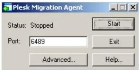 Plesk Migration Agent Status: Stopped Port: 6489 Start Exit Advanced... Help...
