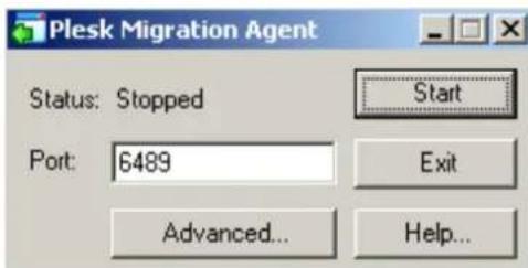 Plesk Migration Agent Status: Stopped Port: 6489 Start Exit Advanced... Help...
