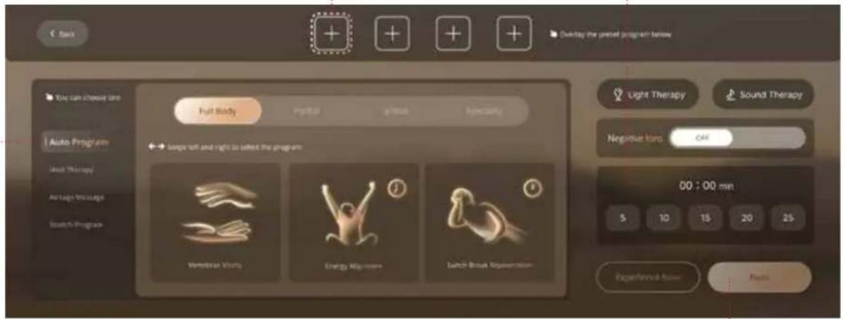 Back Overlay the preset program below You can show it Full body Light Therapy Audio Program Audio Soft and right to select the program Negative torque 00 : 00 min 5 10 15 20 25 Experienced Power Audio
