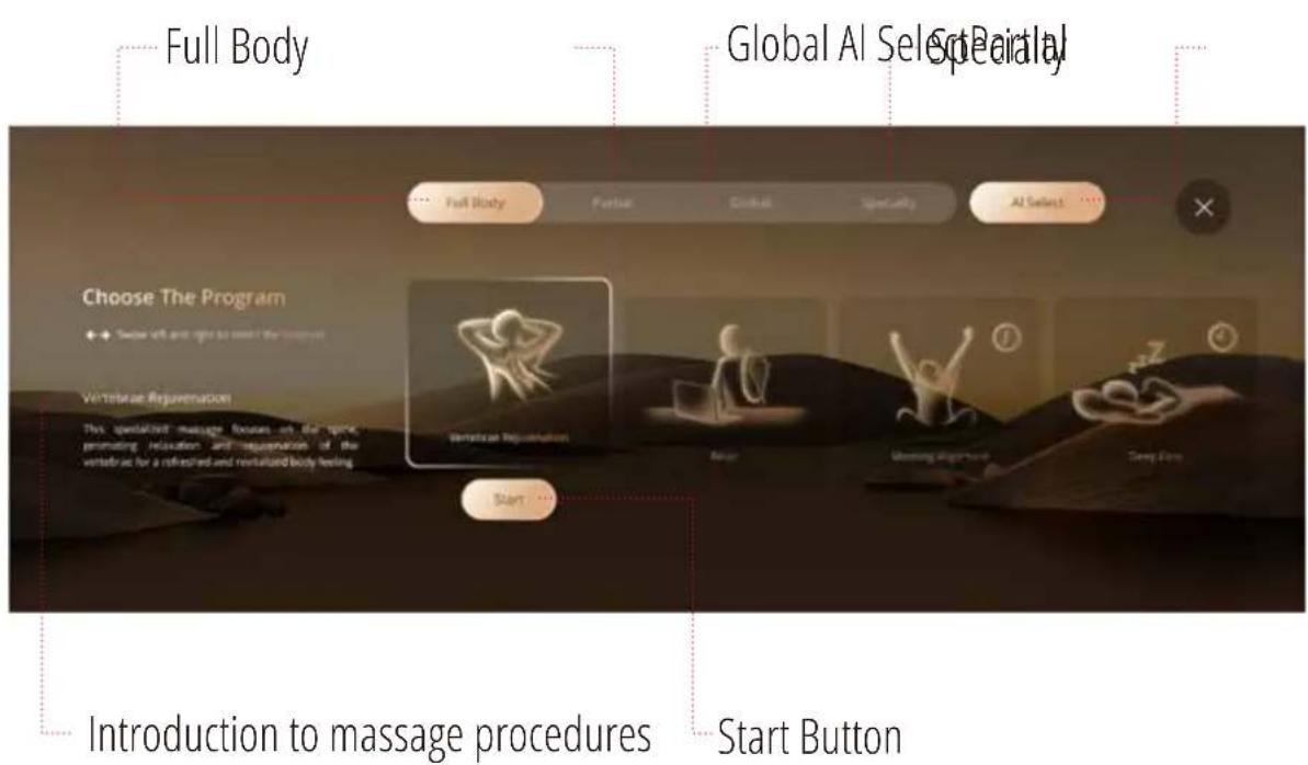 Full Body Global AI Select Specialty Full Body Further Close Specially AI Select Choose The Program + Show all and right to cover the program Veratbrace Rejuvenation This specialized massage focuses on the spine, promoting Relaxation and rejuvenation of the vertebrae for a refreshed and revitalized body feeling. Start... Introduction to massage procedures Start Button