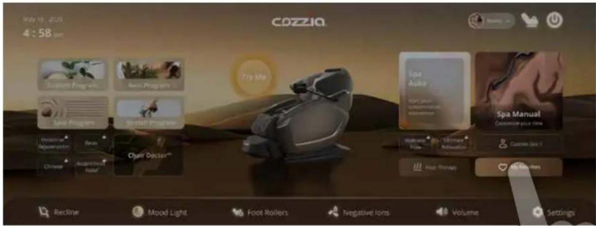 Italy 18, 2013 4:58 pm cozzia Sourant Program Sourit Program Sourit Program Sourit Program Tour Me Spa Auto Spa Manual Customize you a time Highway Highway Customize Customize Spa 1 Highway Highway My Features Recline Mood Light Foot Rollers Negative Ions Volume Settings