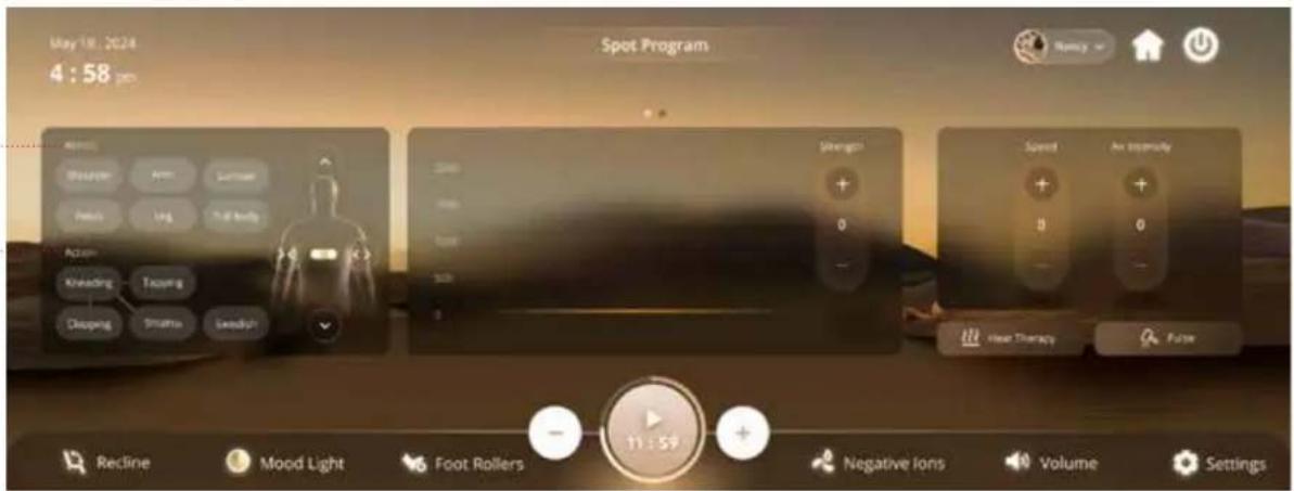 May 18, 2024 4 : 58 pm Spot Program Recline Mood Light Foot Rollers 11 : 59 Negative ions Volume Settings