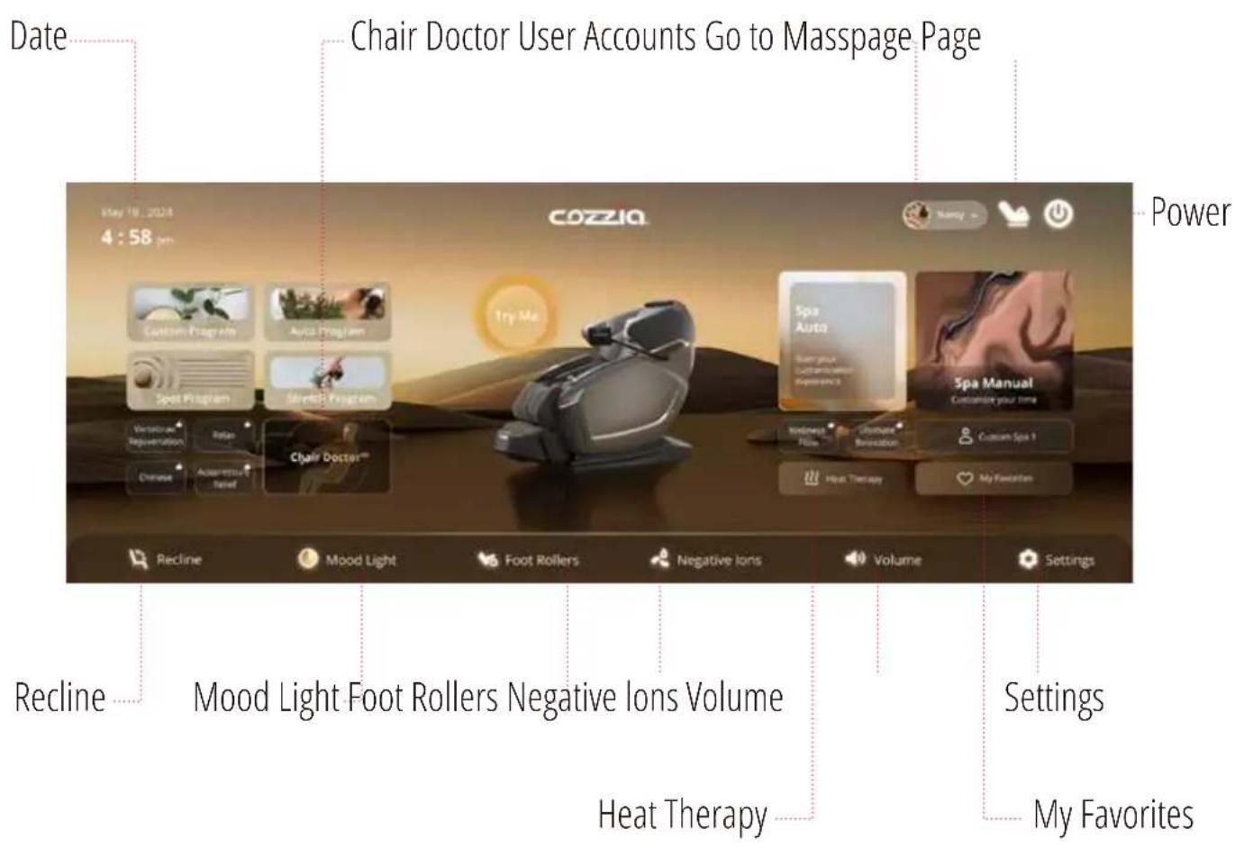 Date Chair Doctor User Accounts Go to Masspage Page May 18, 2024 4:58 pth COZZIA Power Recline Mood Light Foot Rollers Negative Ions Volume Heat Therapy Settings My Favorites