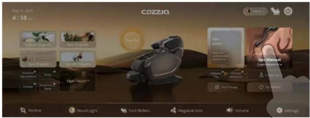 May 01, 2025 4:58 pm COZZIA Spa Auto Spa Manual Customize your time Recline Mood Light Foot Rollers Negative Ions Volume Settings