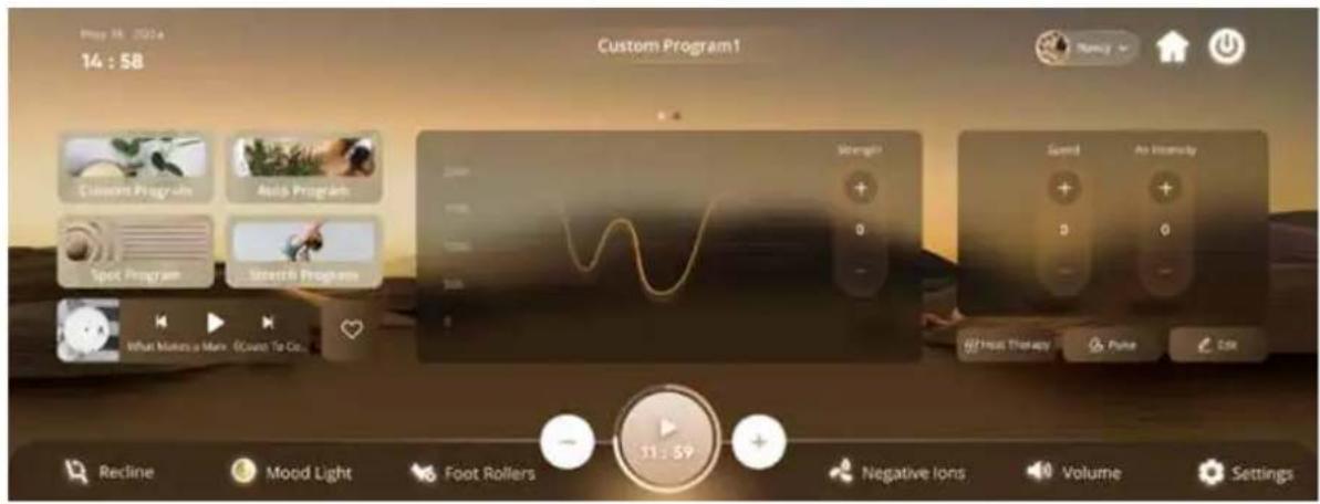 May 18:2024 14:58 Custom Program1 Strength + - 0 - Sound + - 0 - Hi/Inte Therapy Pune Edit Recline Mood Light Foot Rollers 11:59 Negative Ions Volume Settings