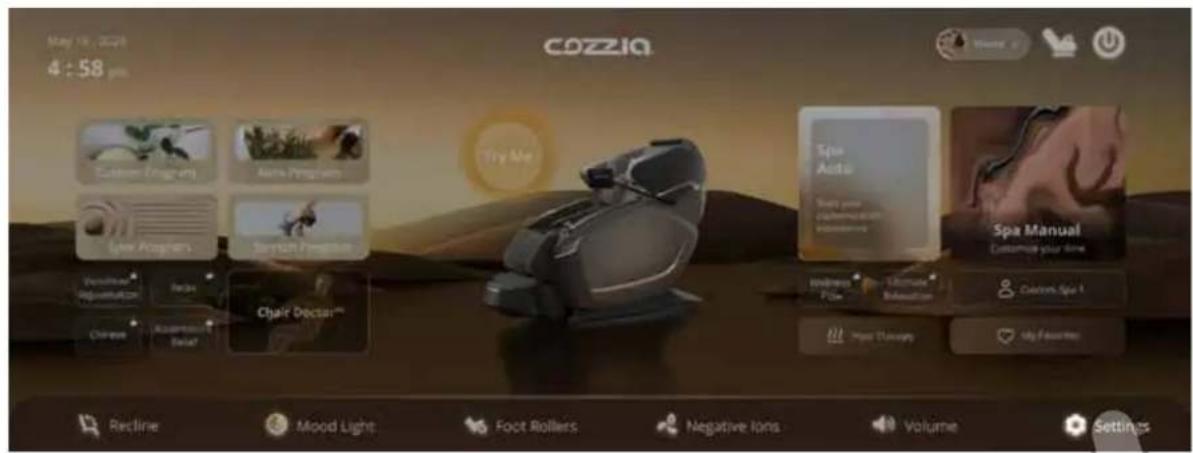 May 19, 2021 4:58 pm COZZIA Try Me Cotton Program Asics Programers Spa Programers Scratch Programers Vermilion Replis Chair Doctor Spa Auto Take your cpaperman satisfaction Wellness Pile Ultimate Education Custom Spa I My Favorites Recline Mood Light Foot Rollers Negative Ions Volume Settings