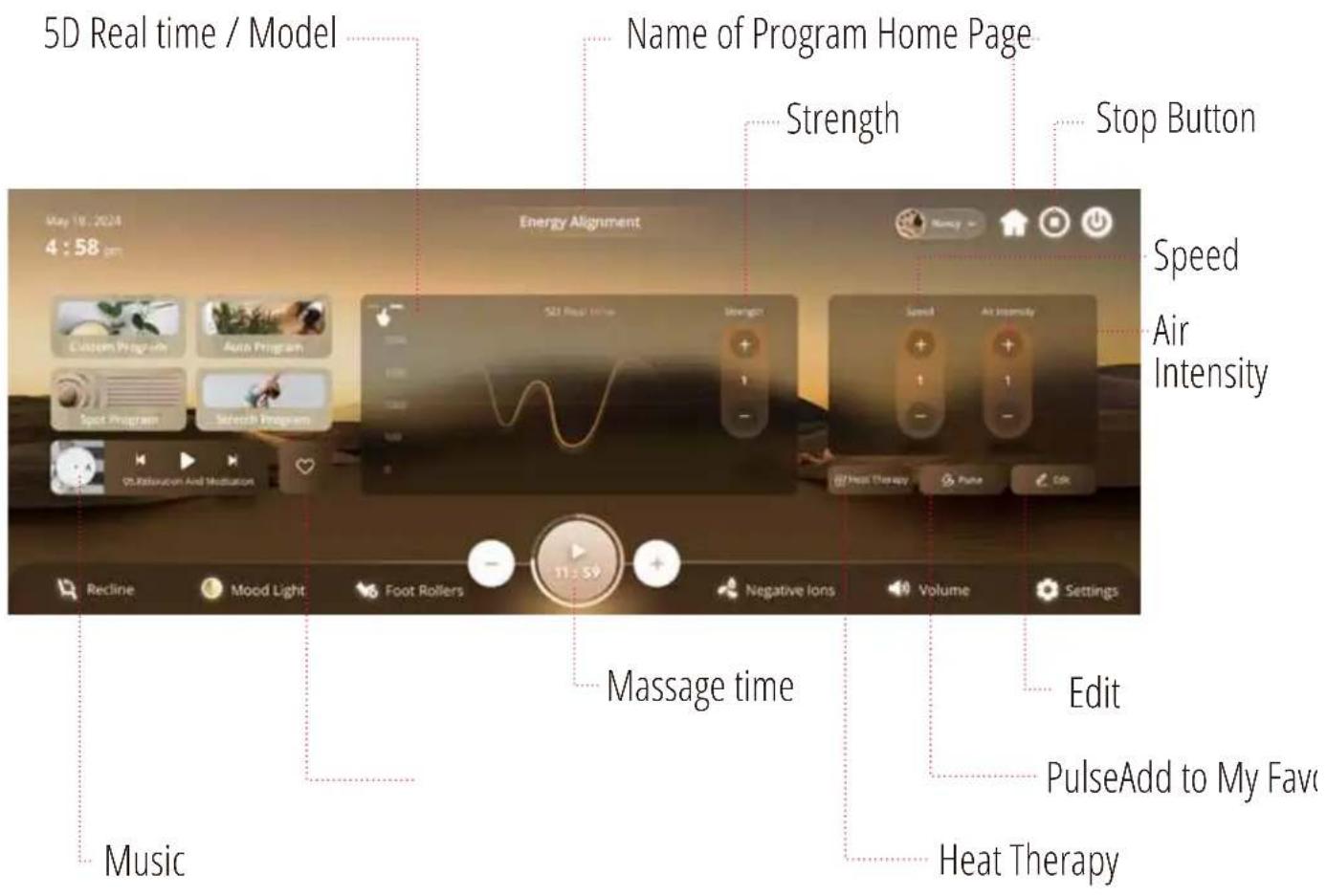 5D Real time / Model Name of Program Home Page Strength Stop Button Energy Alignment May 16, 2024 4:58 PM Speed Air Intensity 521 Real Time Strength Speed Air Intensity Recline Mood Light Foot Rollers 11:59 Negative Ions Volume Settings Massage time Music Edit PulseAdd to My Fave Heat Therapy