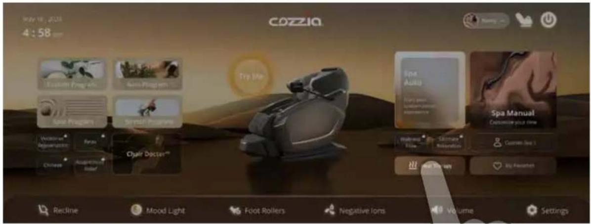 Italy 18, 2024 4:58 pm cozzia Tray life Spa Auto Spa Manual Customize your time Balance Balance Retention Customize Live 1 My Favorites Recline Mood Light Foot Rollers Negative Ions Volume Settings