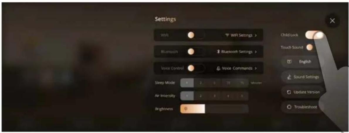 Settings WiFi WiFi Settings > Bluetooth Bluetooth Settings > Voice Control Voice Commands > Sleep Mode 4 2 6 17 75 Miniter Air Intensity 4 2 T 9 T Brightness Child Luck Touch Sound English Sound Settings Update Version Troubleshoot