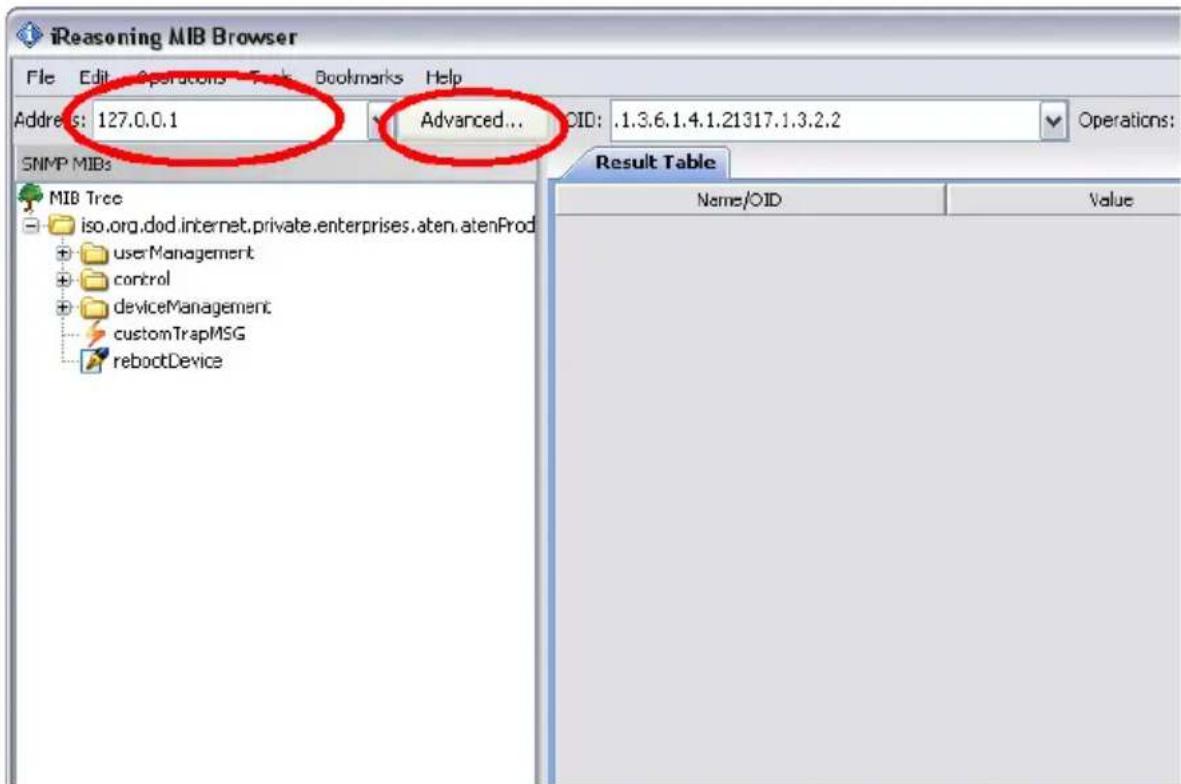 iReasoning MIB Browser File Edit Operations Tools Bookmarks Help Address: 127.0.0.1 Advanced... OID: .1.3.6.1.4.1.21317.1.3.2.2 Operations: SNMP MIBs MIB Tree iso.org.dod.internet.private.enterprises.aten.atenProd userManagement control deviceManagement customTrapMSG rebootDevice Result Table Name/OID Value