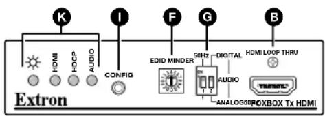 K I F G B Extron HDMI HDCP AUDIO CONFIG EDIO MINDER 50Hz DIGITAL HDMI LOOP THRU AUDIO ANALOG860/ROXBOX TX HDMI