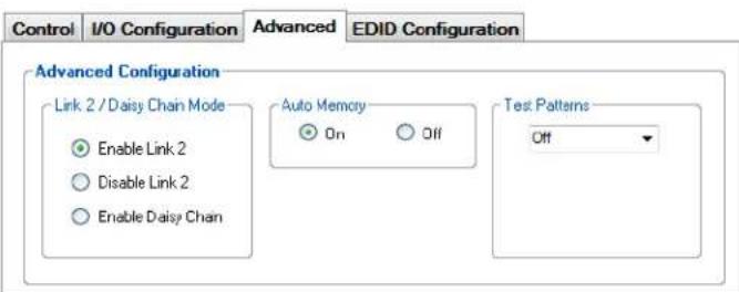 Control I/O Configuration Advanced EDID Configuration Advanced Configuration Link 2 / Daisy Chain Mode Enable Link 2 Disable Link 2 Enable Daisy Chain Auto Memory On Off Test Patterns Off