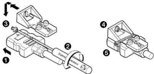 Technical diagram showing exploded view of a mechanical assembly with numbered components and directional arrows indicating motion or assembly.