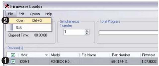 Firmware Loader File Edit Option Help Open Ctrl+O Exit Elapsed Time: 00:00:00 Simultaneous Transfer 1 Total Progress Devices(1) Host Model File Name Part Number Firmware COM FOXBOX HD... 60-174-11 1.07.0002