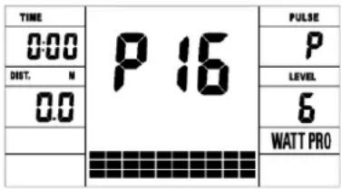 TIME 0:00 DIST. M 0:0 P 16 PULSE P LEVEL 6 WATT PRO