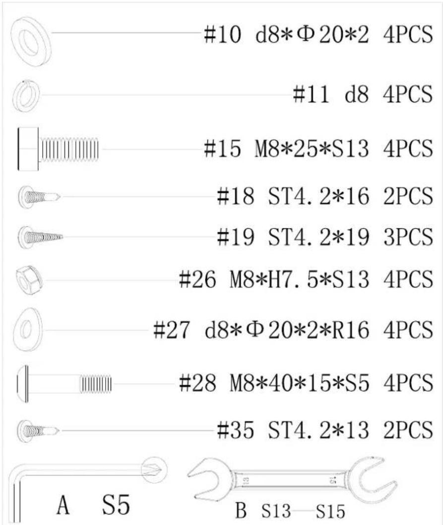 #10 d8*Φ20*2 4PCS #11 d8 4PCS #15 M8*25*S13 4PCS #18 ST4.2*16 2PCS #19 ST4.2*19 3PCS #26 M8*H7.5*S13 4PCS #27 d8*Φ20*2*R16 4PCS #28 M8*40*15*S5 4PCS #35 ST4.2*13 2PCS A S5 B S13—S15