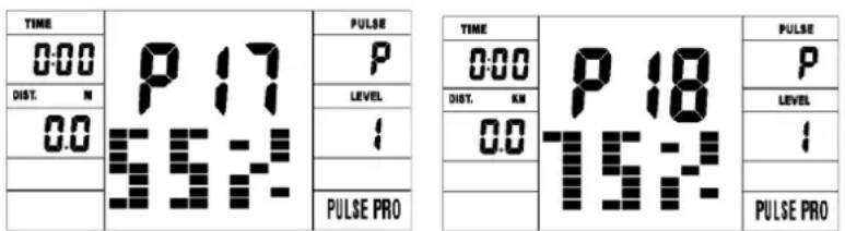 TIME 0:00 DIST. N 0.0 P 17 552 PULSE PRO P LEVEL : PULSE PRO TIME 0:00 DIST. KM 0.0 : PULSE PRO P 18 152 PULSE PRO P LEVEL : PULSE PRO