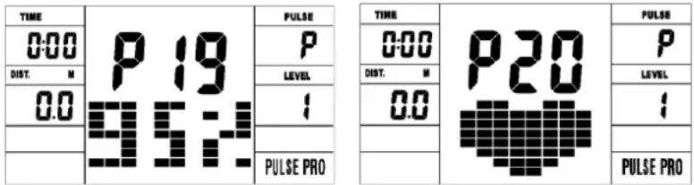TIME 0:00 DIST. M 0.0 P 19 95:20 PULSE PRO PULSE PRO 0:00 DIST. M 0.0 P20 PULSE PRO PULSE PRO P LEVEL I PULSE PRO